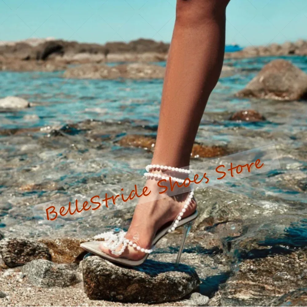 

White Pearl Bow knot Decor PVC Sandals Pointed Toe Women Shoes Stilettos High Heels Party Banquet Dating 2025 Zapatos Para Mujer