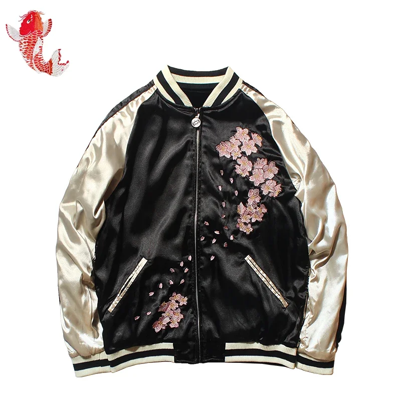 2024 New Spring Autumn Women\'s Cherry Dragon Embroidered Both Sides Wear Bomber Jacket Men and Women Couples Baseball Coat