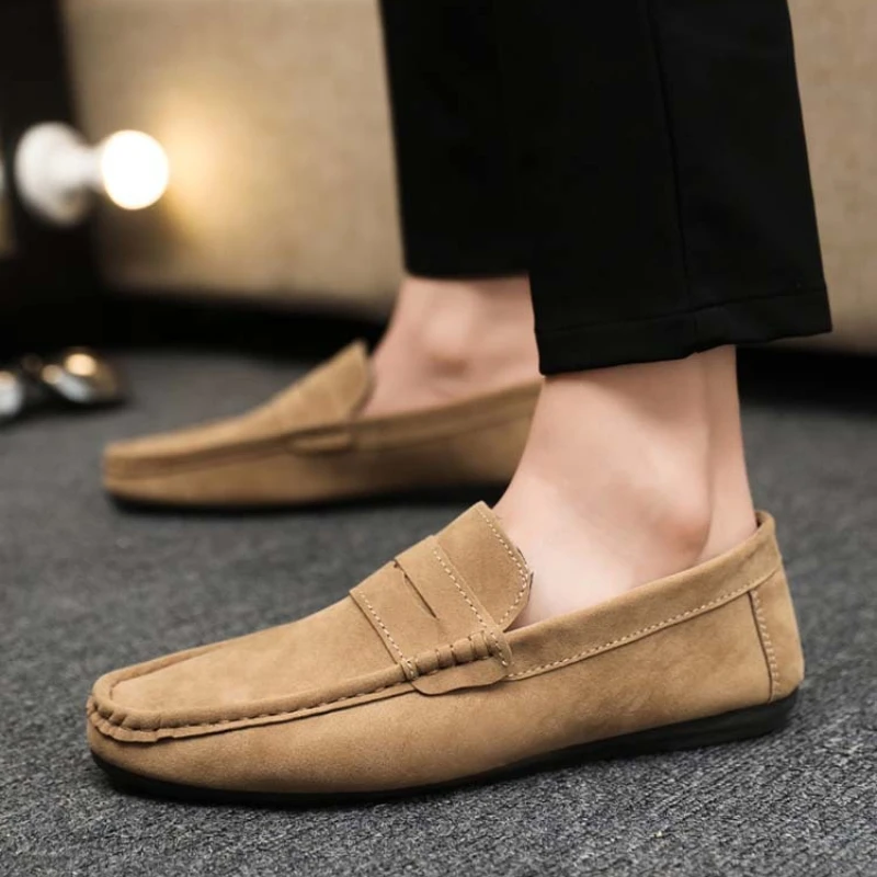 Vintage Microfiber Suede Loafers Men Slip On Soft Flat Shoes Male Daily Outdoor Walking Lightweight Non Slip Casual Footwear