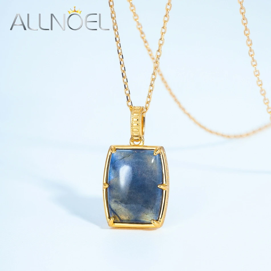 ALLNOEL 925 Sterling Silver Pendant Necklace for Women Natural 10*13mm Labradorite Gemstone Gold Plated Luxury Fine Jewelry Gift