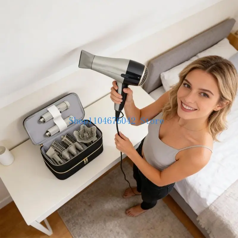 

652F Stylish PU Hair Dryer Storage Bag Double Compartment Handle Case