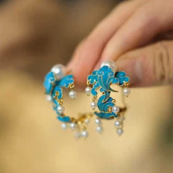 Original new in silver blue enamel Xiangyun inlaid pearl earrings for women classical Courtly style wedding jewelry