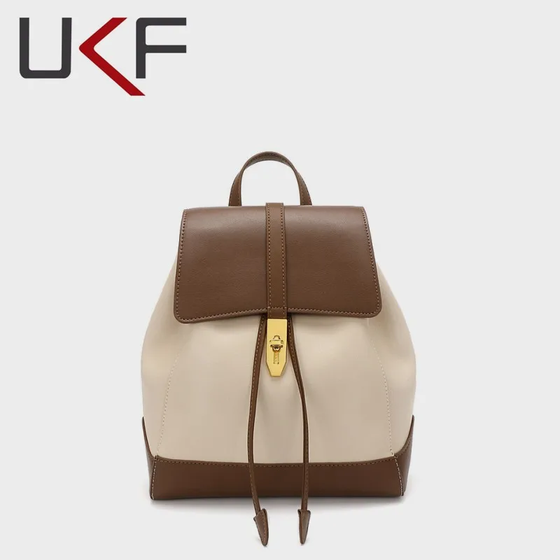 

UKF New Design Color Matching Leather Portable Shoulder Bag Casual Large Capacity Backpack Cowhide College Students Mochilas