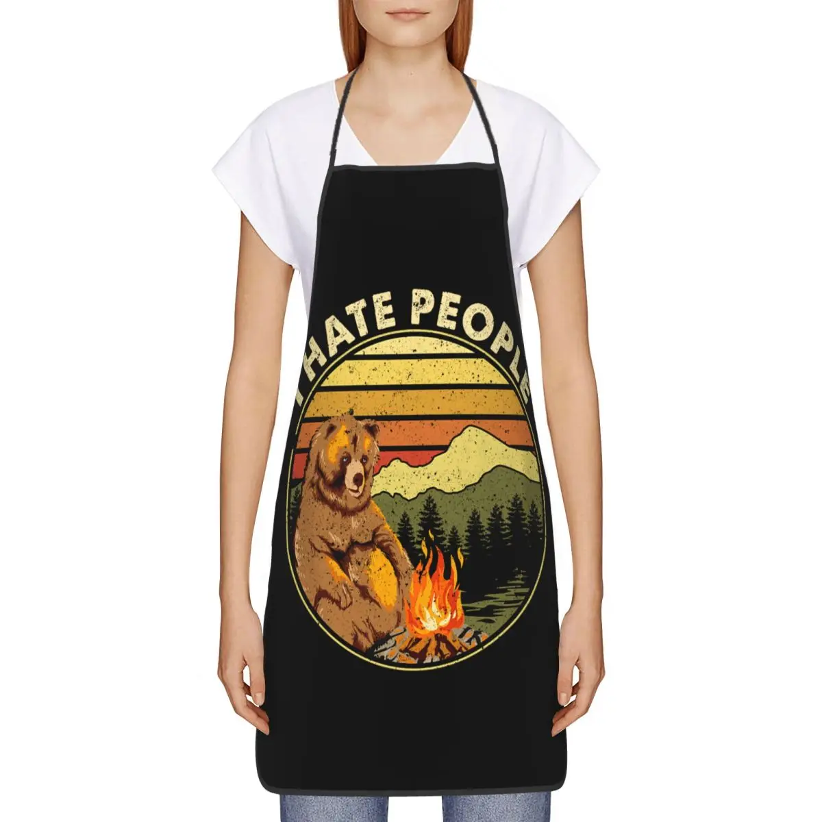 Custom Unisex Bear Camping I Hate People Bib Apron Adult Chef Tablier Cuisine for Cooking Kitchen Adventure Capmer Gardening