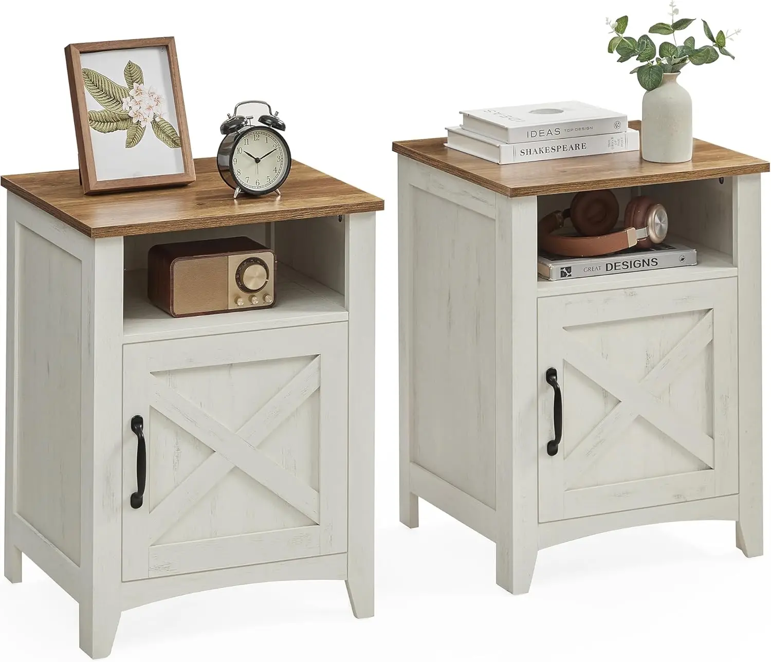 Nightstand with Barn Door, Set of 2, Bedside Table with Storage, Side End Table, Night Stand with Open Compartment, for Bedroom,