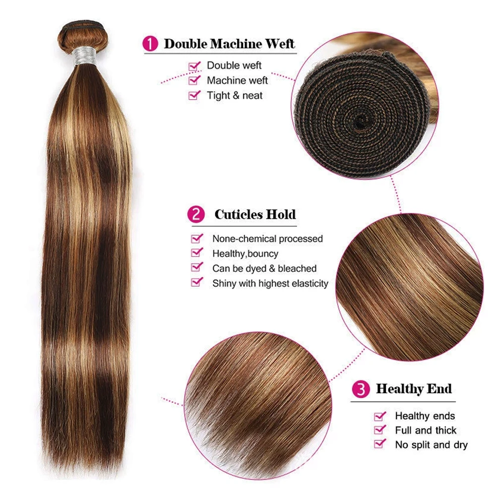 28 inch Honing Blonde Hoogtepunt Menselijk Haar Bundels Straight P4/27 Brazilian Hair Weave Gekleurd Haar Bundels Voor vrouwen Remy Haar