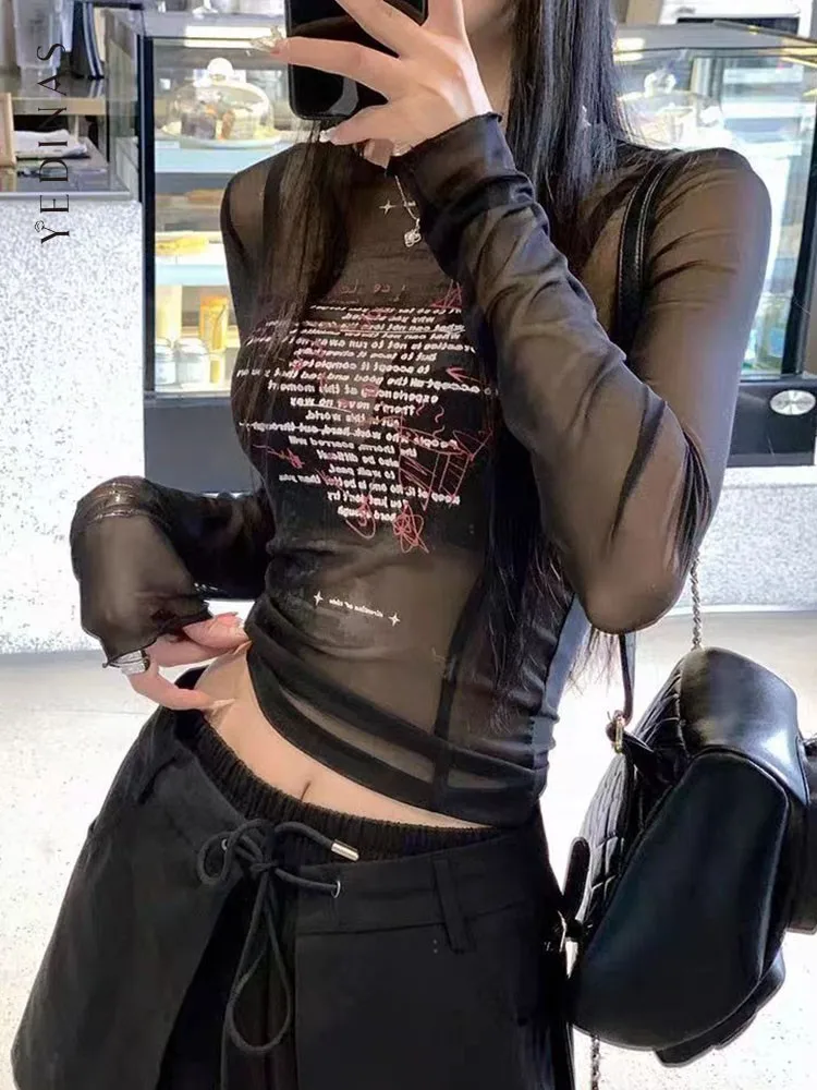 Yedinas Mesh Tops Long Sleeve Korean Fashion See Through T Shirt Women Clothes Summer Tops Grunge Aesthetics Tees Tshirts Y2k