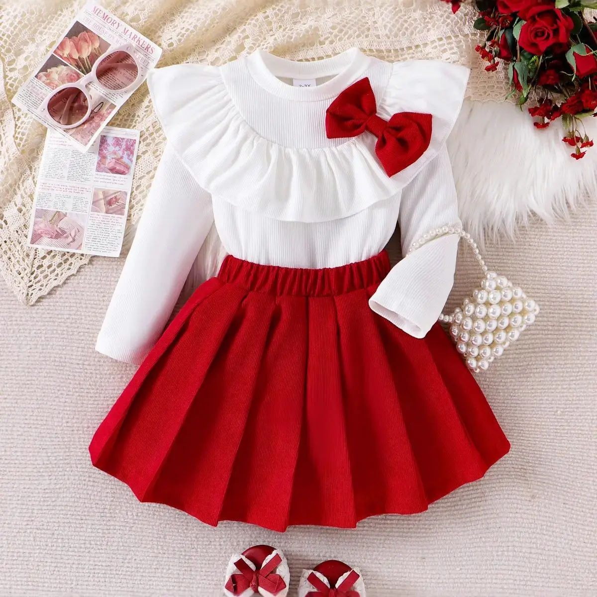 

2PCS Autumn New Fashion Sweet And Cute Girls Baby Bow Lace Long-Sleeved Tops With Pleated Short Skirt Children's Clothing Sets