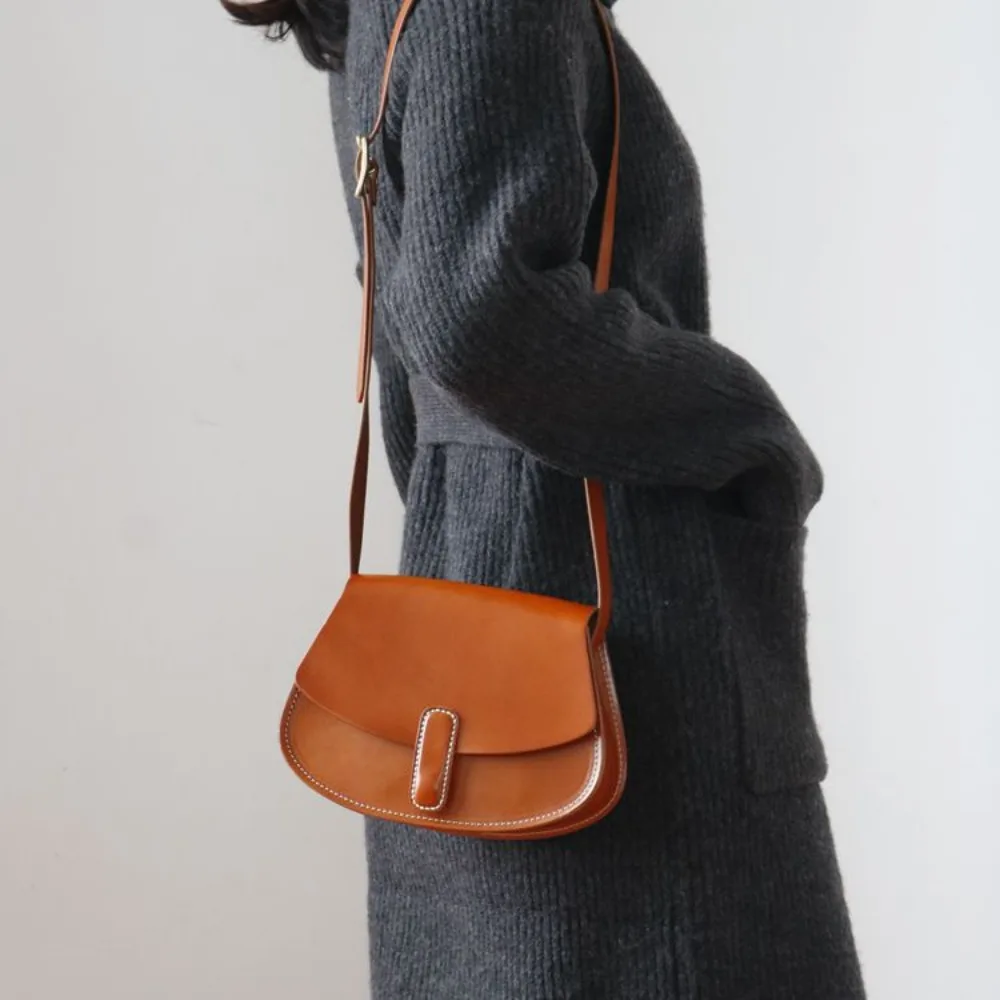 

New Vegetable Tanned Leather Vintage Women's Saddle Tree Plaster Leather Fashion Crossbody Bag Top Layer Cowhide Shoulder Bag