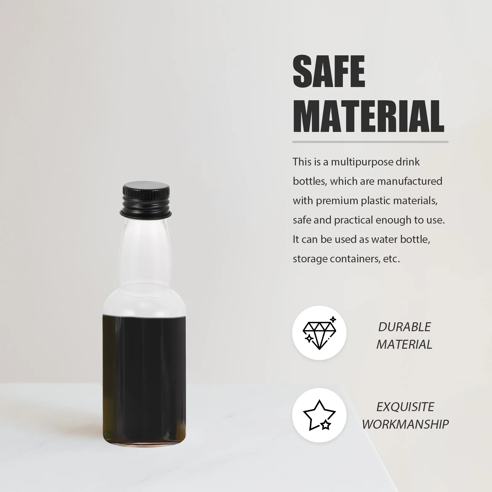 

50pcs Transparent Condiment Bottle 50ml Plastic Juice Bottle for Beverages Black Aluminum Lids Suitable Home Office Café