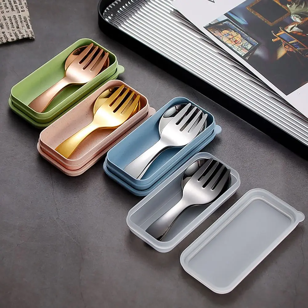 304 Stainless Steel Spoon Fork Set Storage Case Dessert Fruit Tool Cutlery Set Short Handle Kids Tableware