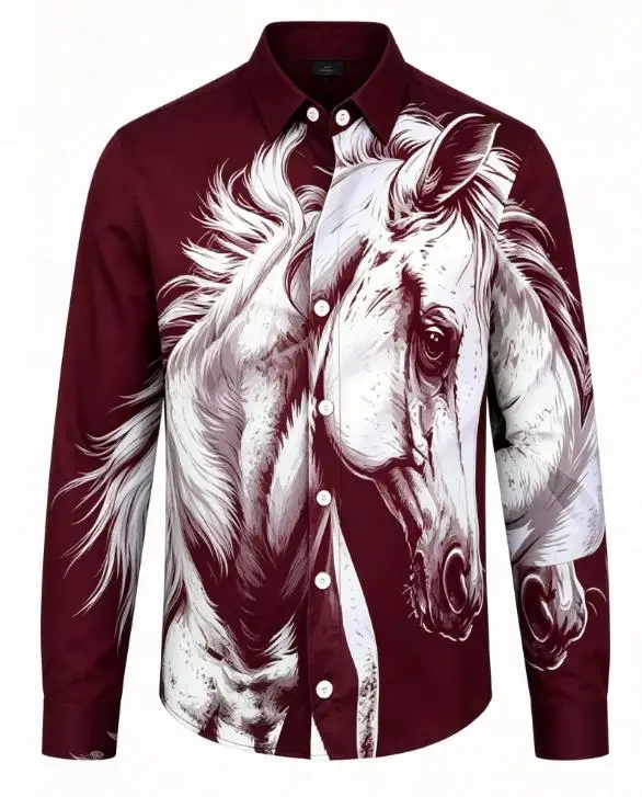 Western Style Men Lapel Collar Shirt Monochrome Stallion Portrait Drawing Print Polyester Long-Sleeve Blouse