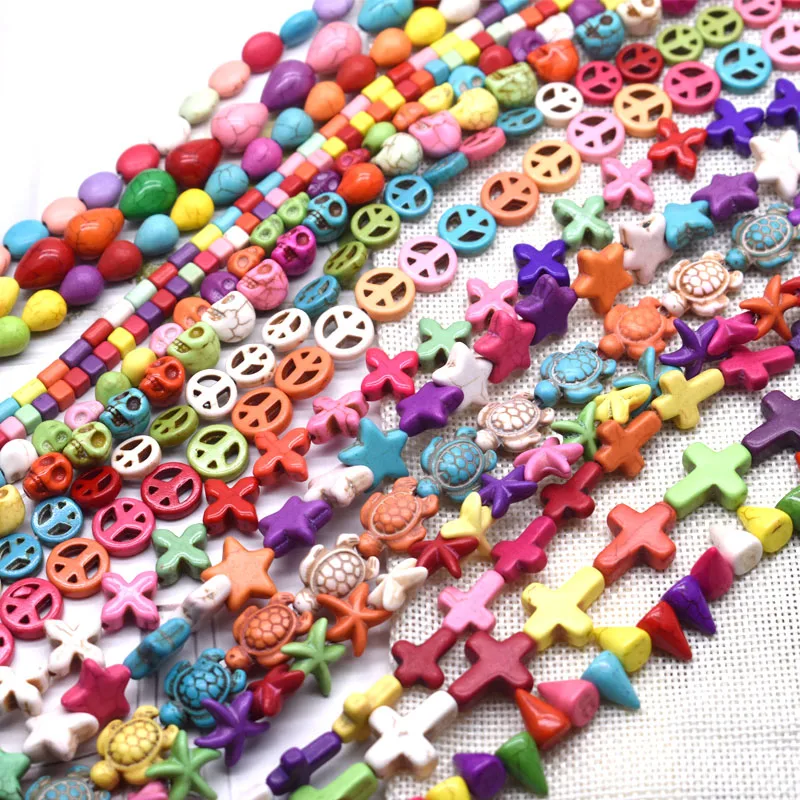 15'' Bright Smooth Color Natural Stone Cross Butterfly Mix Color Turquoises Loose Spacer Beads For Jewelry Making DIY Bracelet