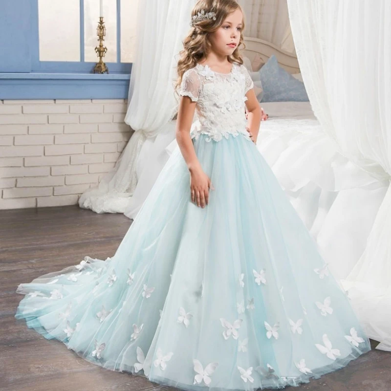 

Flower Girl Dresses White Cyan Tulle Puffy Appliques Butterfly Short Sleeve For Wedding Birthday Banquet First Communion Gowns