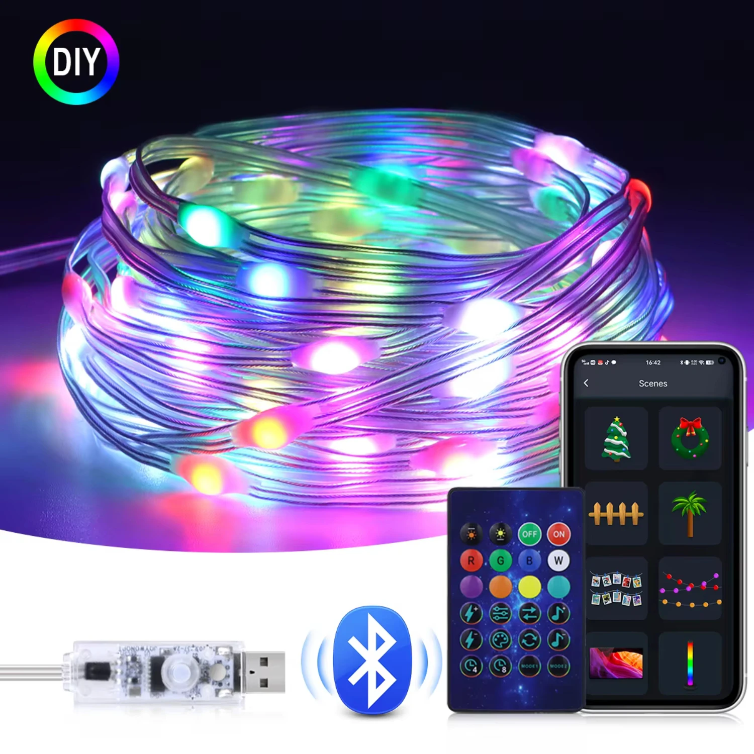 Garland USB 5V WS2812B Bluetooth  String Fairy Lights Dreamcolor RGBIC Addressable Party Christmas Lights Wedding Decoration