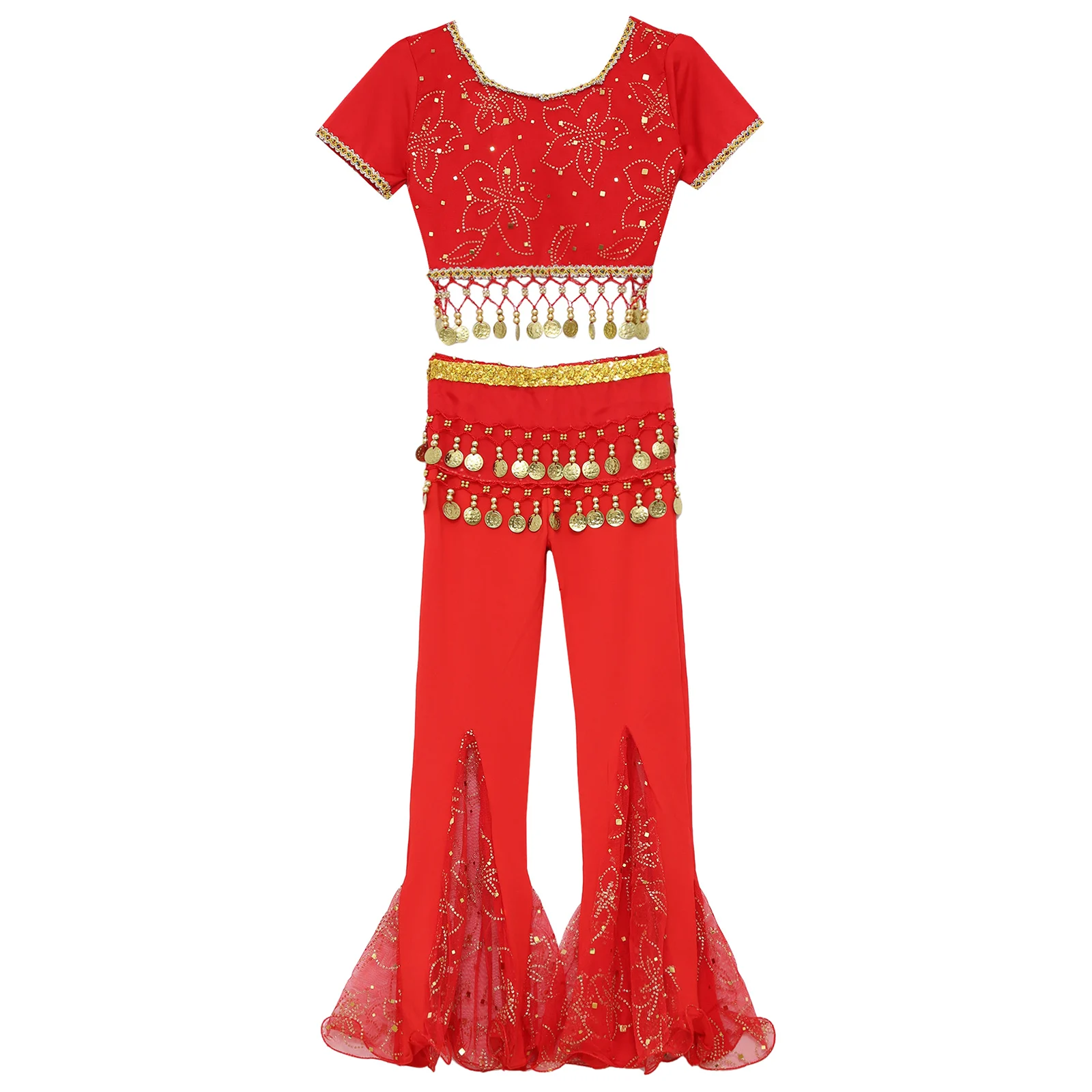 Girls Belly Dance Costume Sequin Indian Dance Outfits Lace-up Crop Top Flared Pants Waist Halloween Cosplay Shows Mardi Gras Set