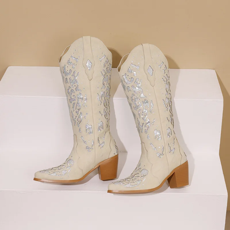 Botas de vaquero con diamantes de imitación para mujer, zapatos de tacón grueso, puntiagudos, bordados Vintage