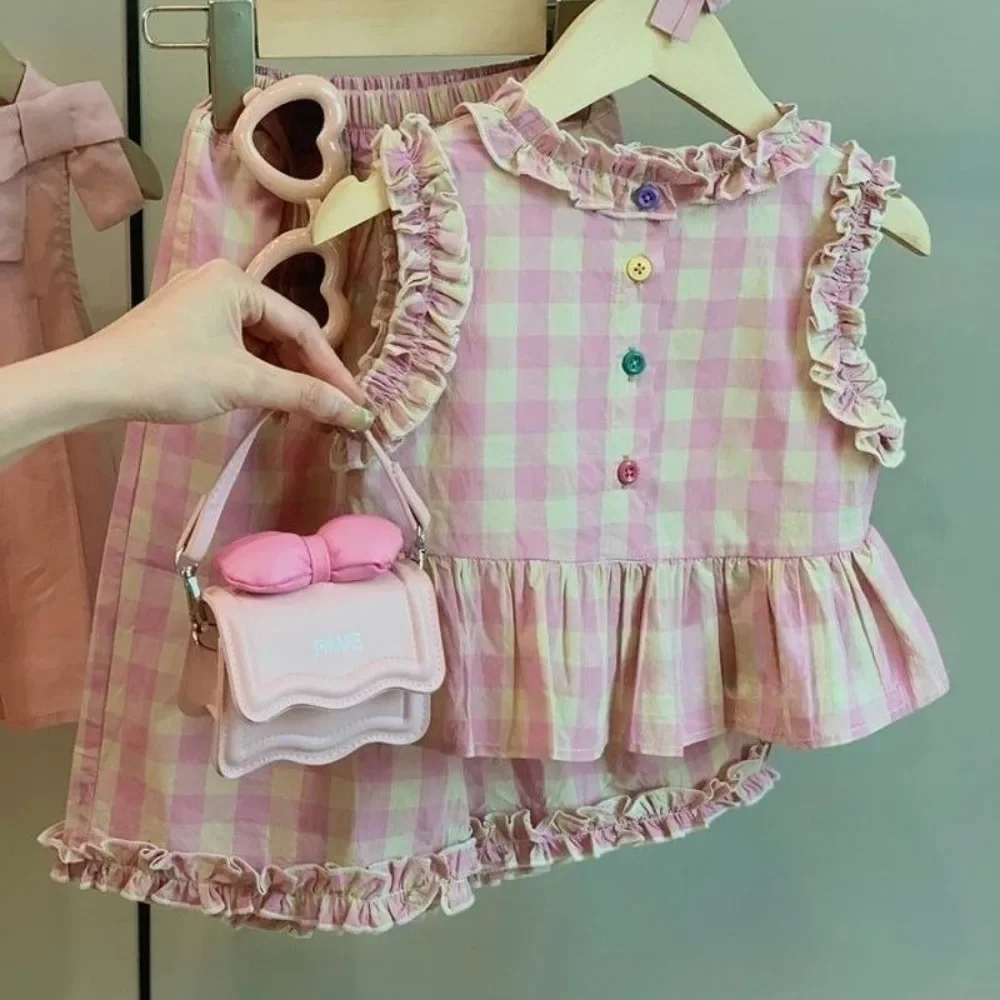 

Korean Version Children's Clothing 2025 Checkered Printed Girls Clothes Set Summer New Sleeveless Pink Vest+Lace Wide Leg Pants