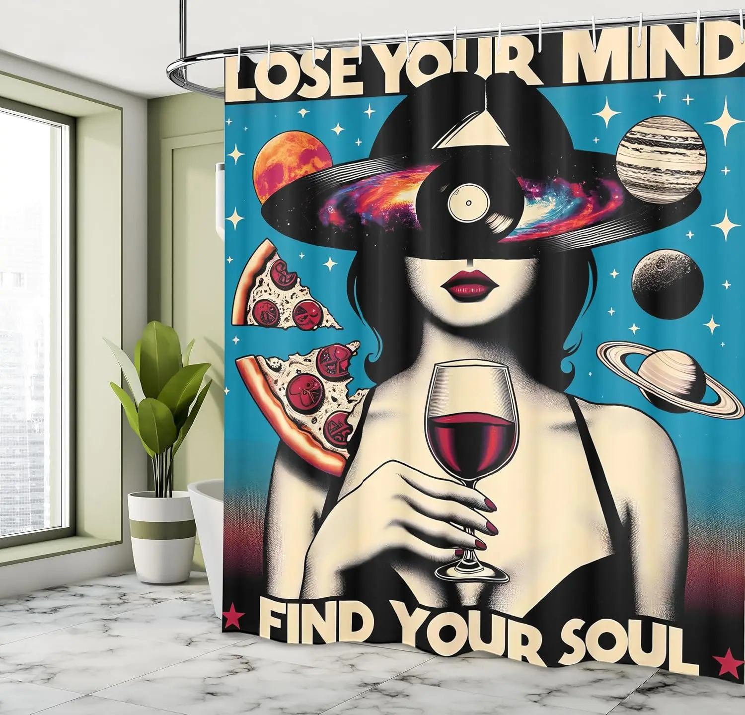 

Винтажная занавеска для душа, ретроспективная тема Galaxy Lose Your Mind Lettering Woman Vine Mars, тканевая ткань для ванной комнаты De