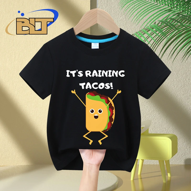 

Детская футболка с принтом TACOS It's Raining, летние детские повседневные топы из чистого хлопка с коротким рукавом для мальчиков и девочек, подарки