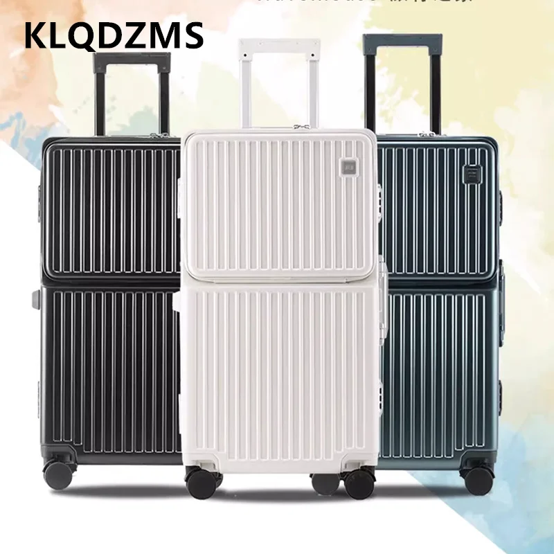 KLQDZMS PC Suitcase Large Capacity Trolley Case Front Opening Aluminum Frame Password Box USB Charging Multi-function Luggage