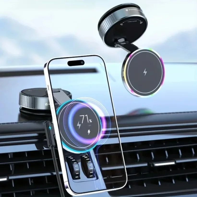 Supporto per ventosa per vuoto di raffreddamento Supporto per telefono per caricabatterie wireless per auto magnetico potente RGB per iPhone 16 15 14 13 12 Ricarica rapida