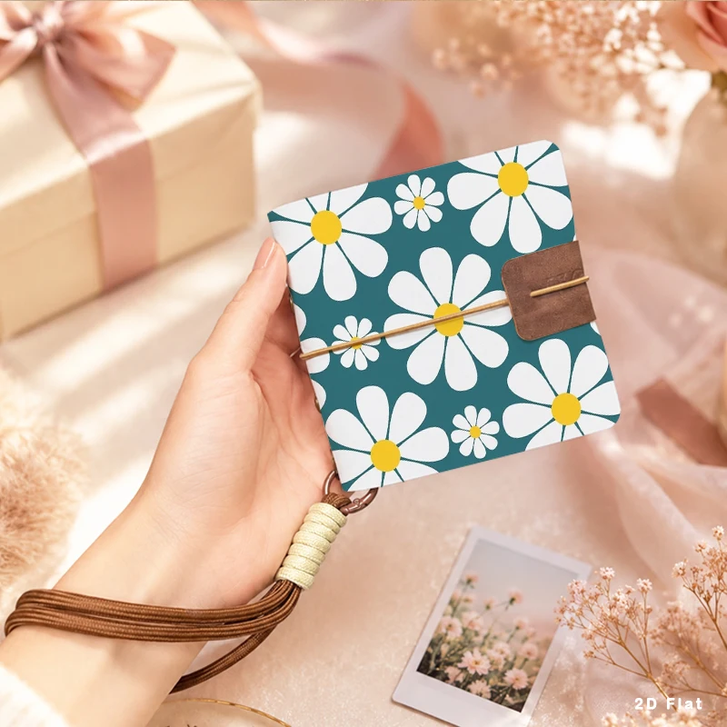Fresh Teal Background White Daisy Floral Mini Photo Album with Detachable Wrist Strap Sweet Gift for Girls & Flower Lovers