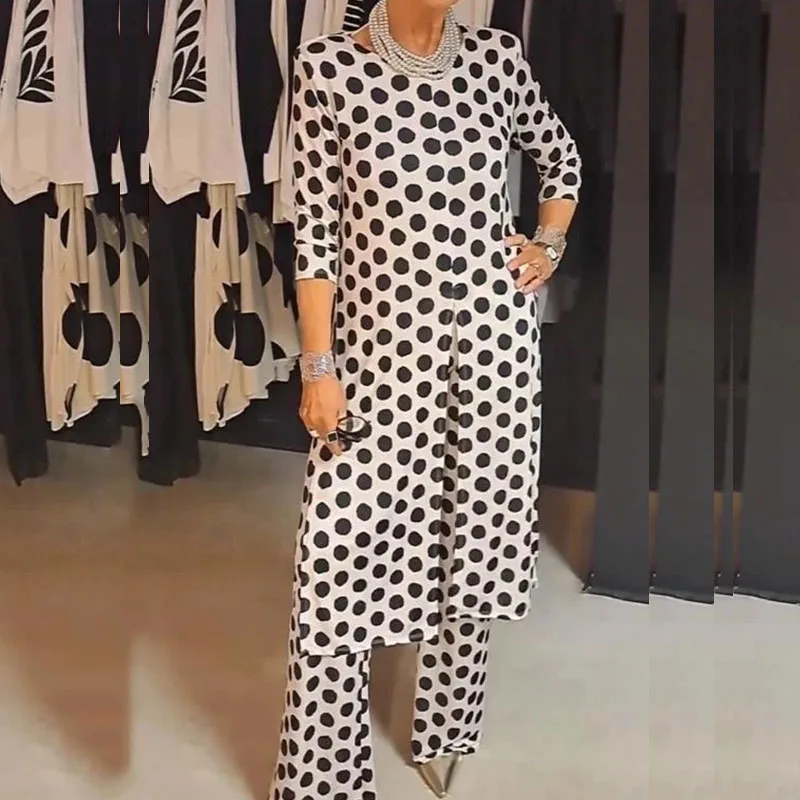 

Spring Casual Polka Dot Print Women Sets Sexy O Neck Slit Long Top Pullover & Slim Pants Outfit Autumn Long Sleeve Straight Suit