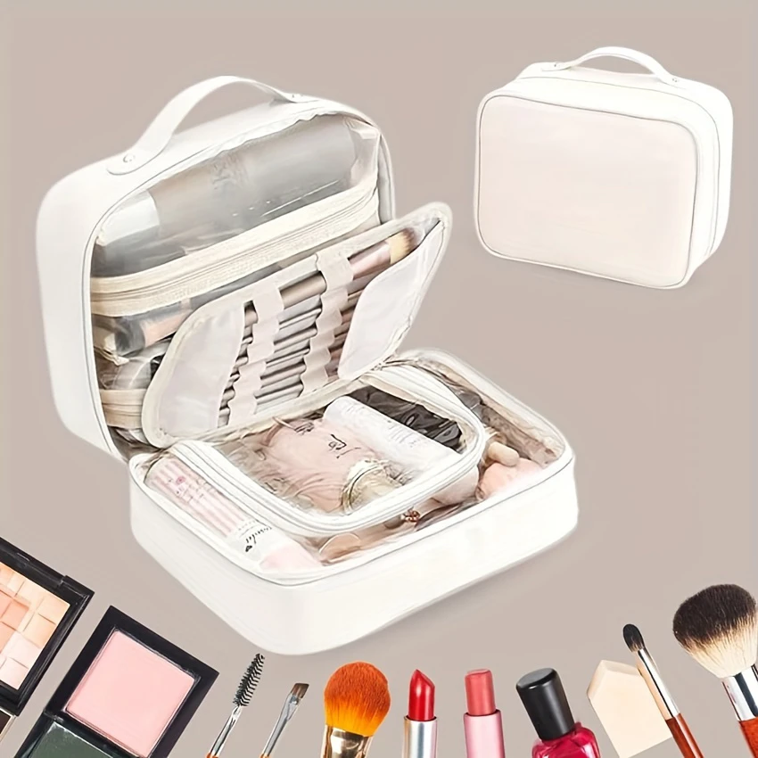 

Women's Makeup Bag Large Capacity Cosmetic Bag with 2 detachable pockets and makeup brush panels, Portable Travel Organizer, To