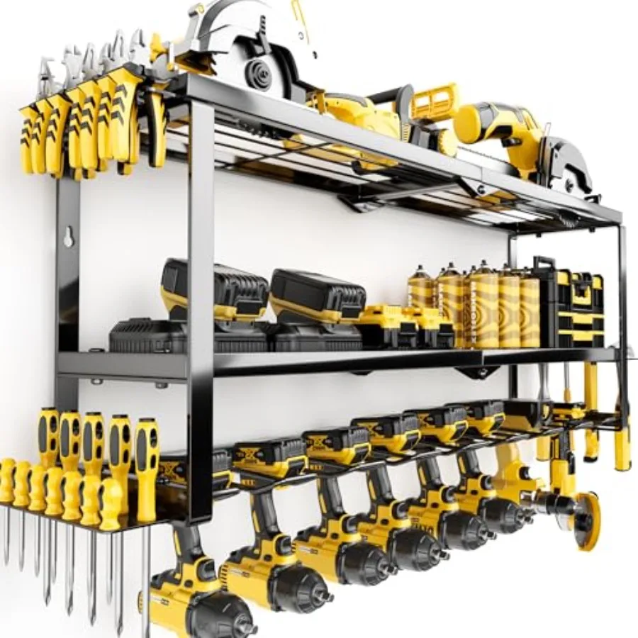 

Настенный органайзер для электроинструментов, выдерживающий нагрузку до 300 фунтов, из прочного металла, 3-х уровневая, очень высокая стойка для хранения с 8 держателями для дрелей и батареек.