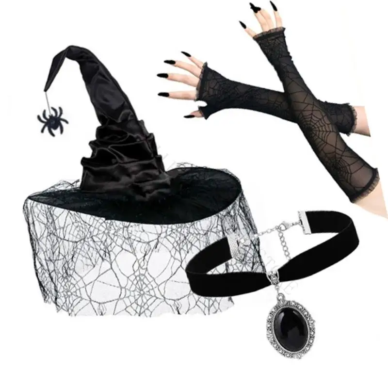 R7UF Witch Hat Glove Necklace Set for Halloween Party Wear with Pointed Hat Mesh Gloves Black Choker and Cosplay