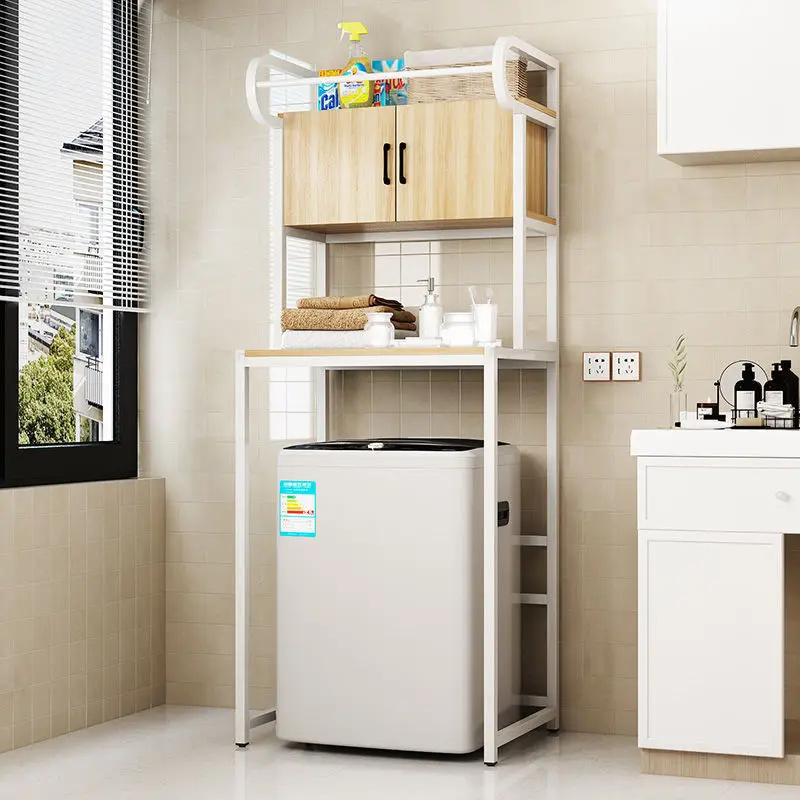 washing machine, shelf, bathroom, floor, drum, upper cabinet.