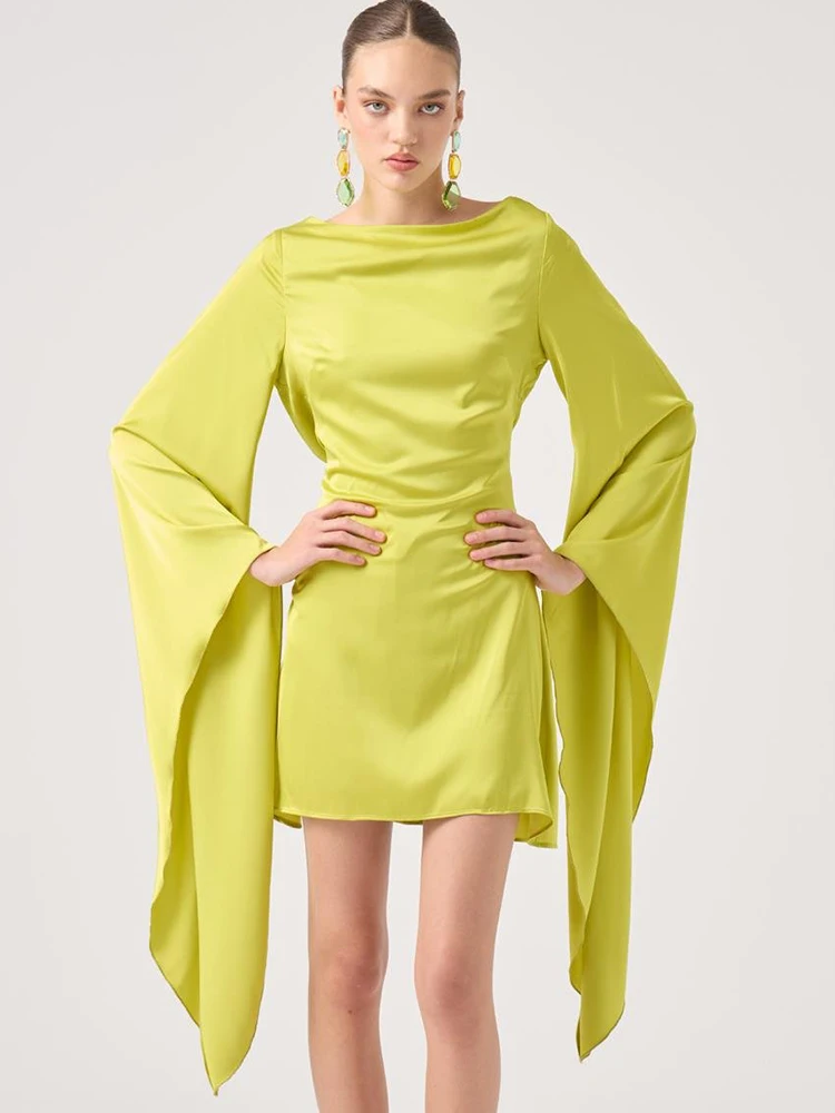 Oniflyme الساتان عارية الذراعين Bodycon فستان قصير المرأة الخريف الصلبة س الرقبة غير النظامية كم طويل سليم فساتين قصيرة أنيقة ملابس الحفلات