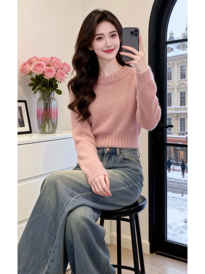 

Pink ort Knitted Sweater Cleanfit Sle Medium Softn Long Sve round Ne Warmth Women's Faion Spring 2026 Top Wear