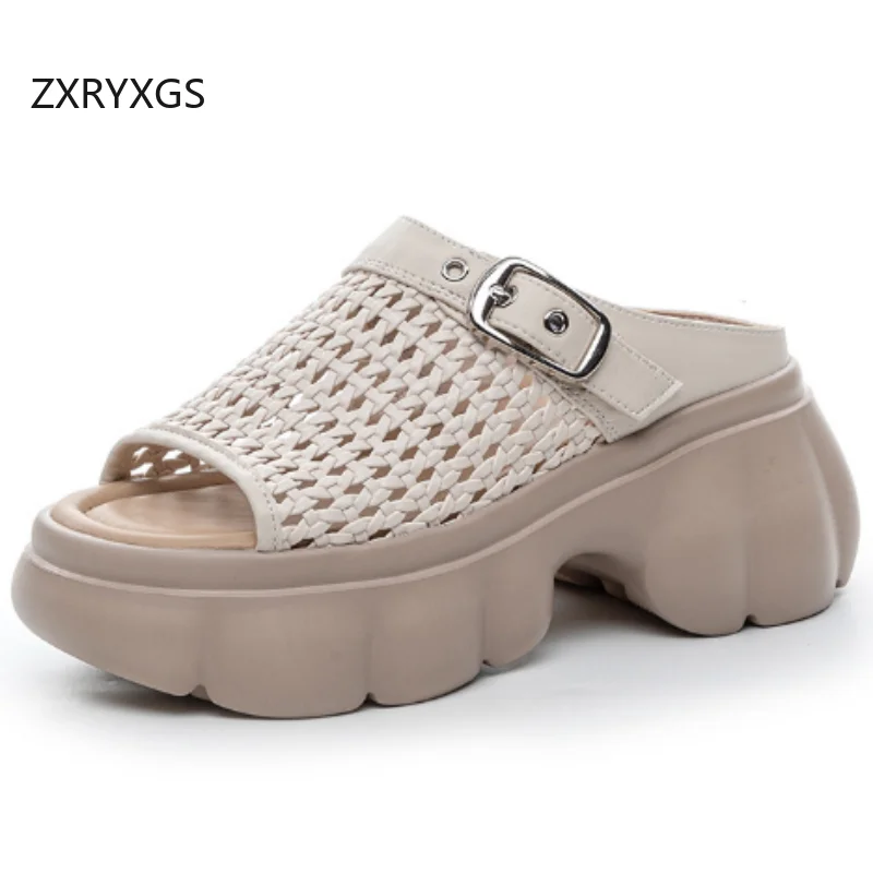 

ZXRYXGS/2020 летние тапочки из натуральной кожи с открытым носком, уличные сандалии, модные универсальные женские тапочки на высоком каблуке