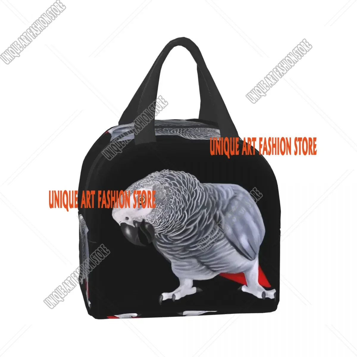 Borsa per il pranzo isolata con pappagallo grigio africano per la scuola di lavoro Psittacine Bird Borsa per il pranzo termica portatile per donne Borse per alimenti per bambini