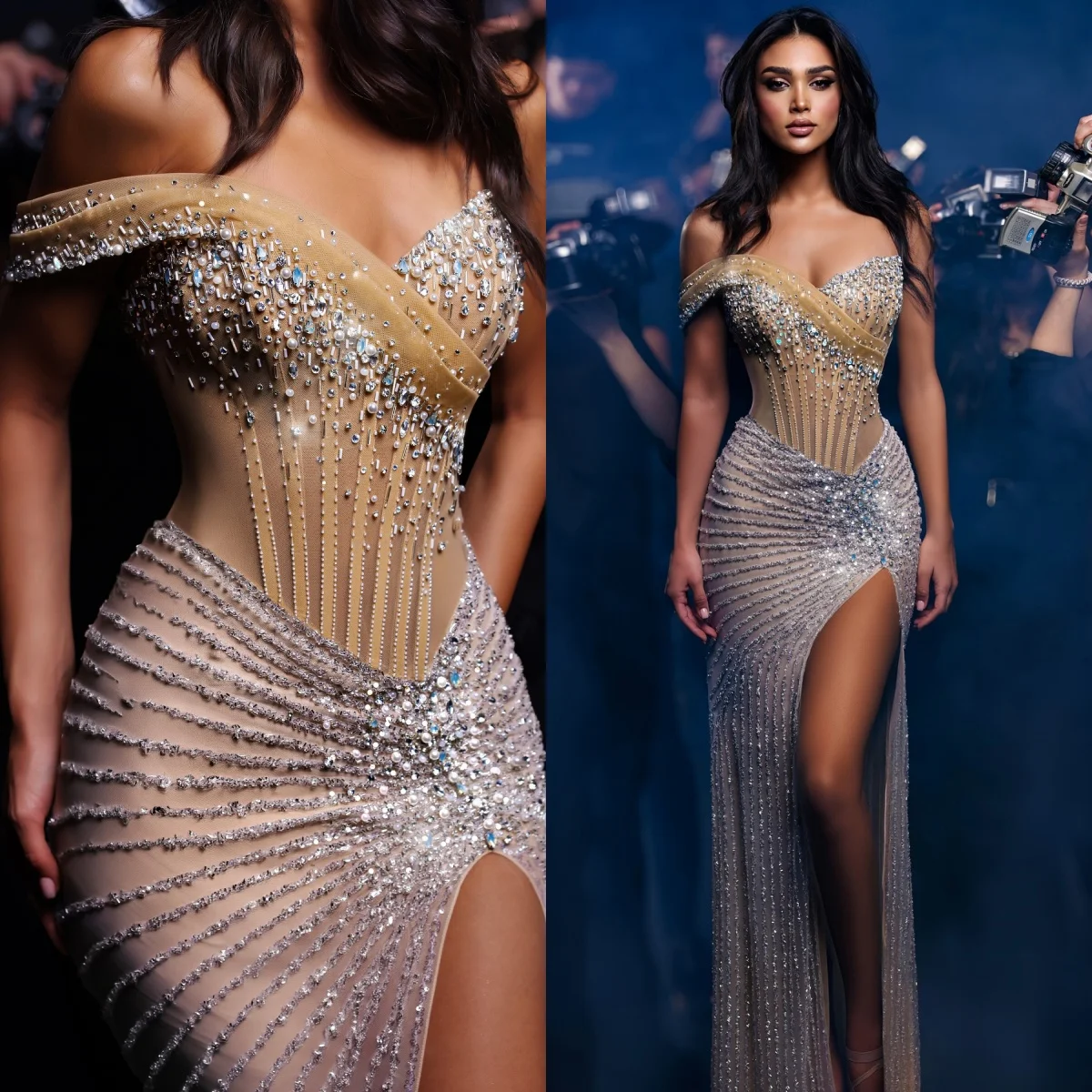 

Sexy Evening Dresses One Shoulder Prom Dress Beading Pearls Rhinestone Customized Side Slit Party Gowns Vestidos De Noche