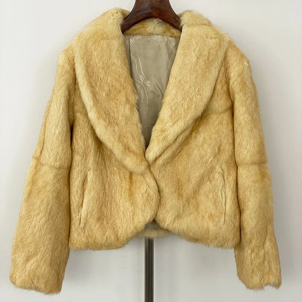 MENINA 2025, Winter Mode Ganze Haut Rosa Pelz Kaninchen Pelz Jacke Revers Junge Kurze Natürliche Pelzmantel Dame Straße ThinCoat Frauen