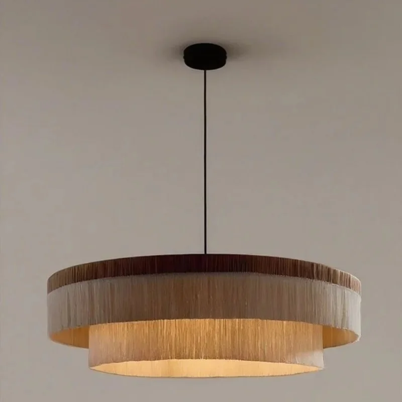 Double Layer Round Fabric Pendant Light Textured Gradient Shade Hanging Lamp LED Ceiling Fixture for Living Room Dining Room
