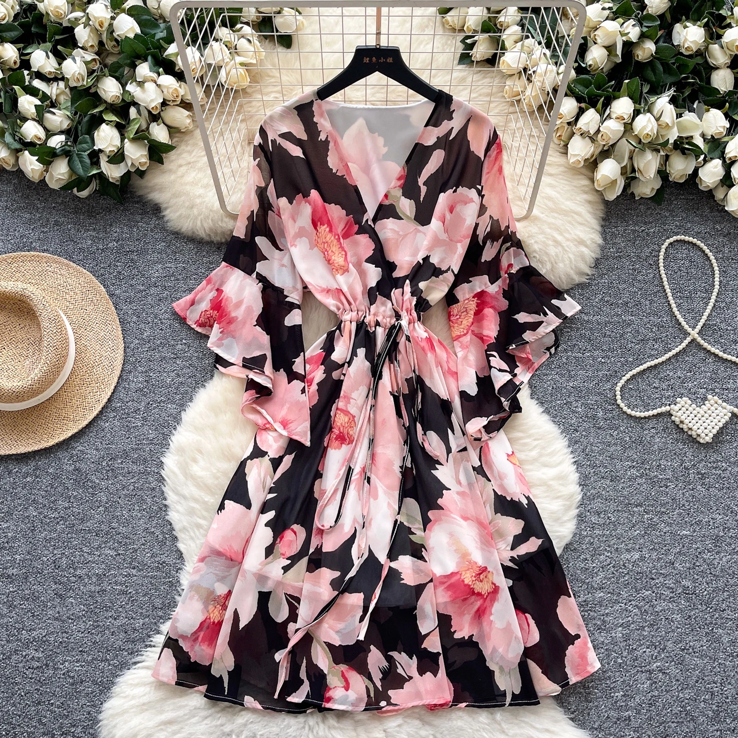 Elegancka, seksowna sukienka letnia w stylu vintage, z dekoltem w serek, szyfonowa, z nadrukiem, dopasowana, w stylu koreańskim, boho, odzież damska.