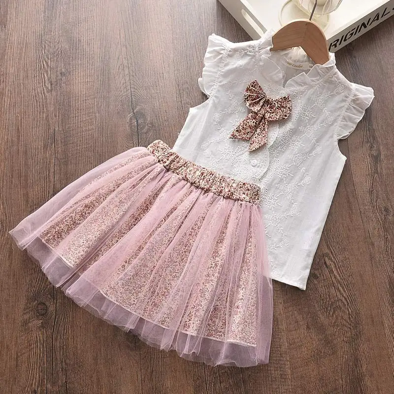 

Kids Girls Casual Clothing Sets New Summer Baby Girl White Sleeveless Vest And Floral Skirt Suits Children's Bow Cute Outfits