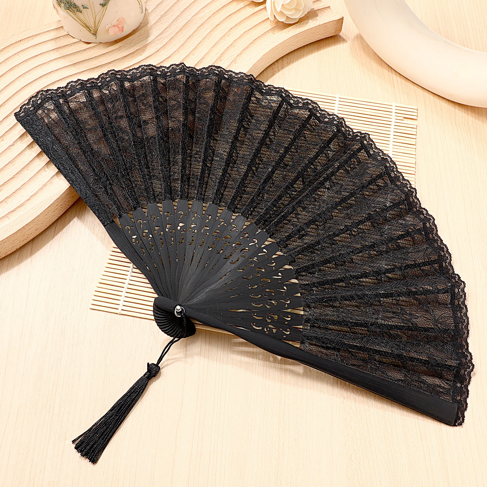 

Black Spanish Lace Folding Fan Bamboo Hand Embroidered Tassel Pendant Portable Vintage Style for Wedding Birthday Anniversary