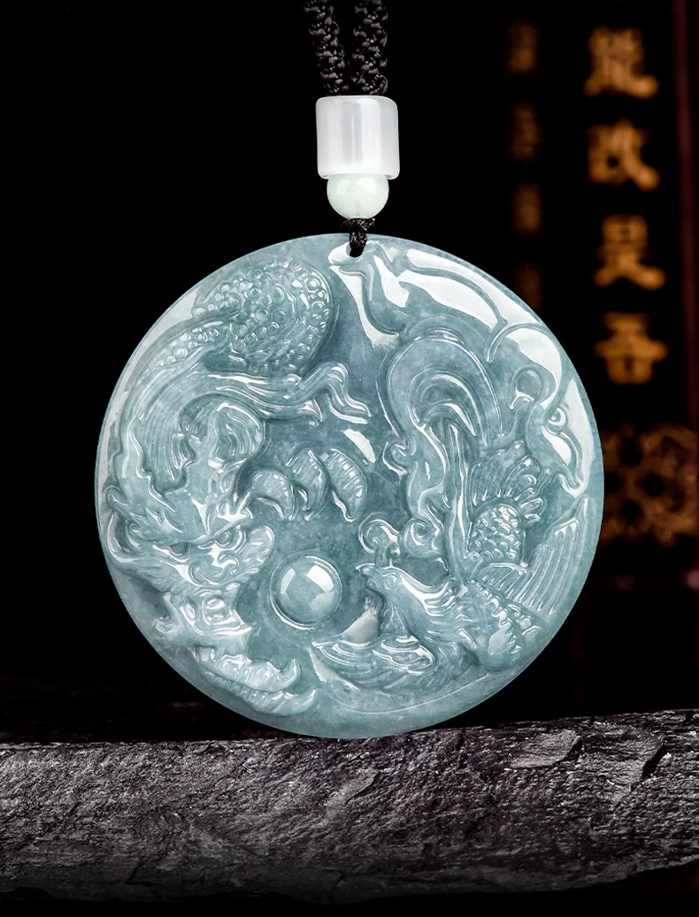 New Natural A-goods Jadeite Blue Water Dragon and Phoenix Pendant Exquisite Fashion Simple Men and Women Couples Necklace Gift