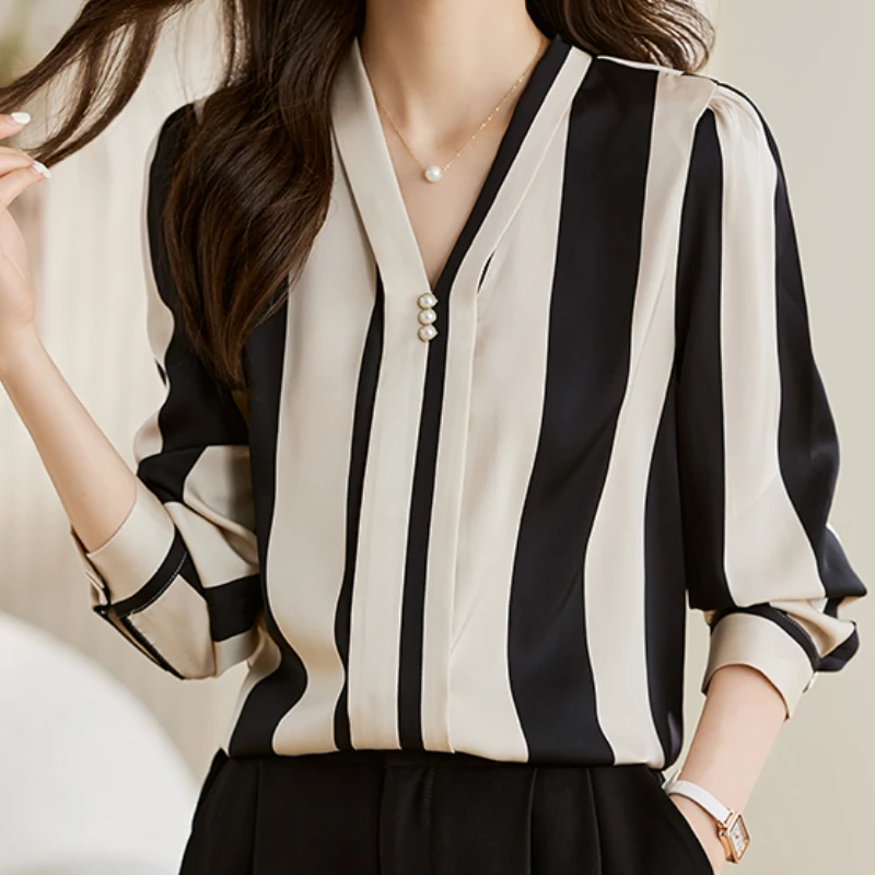 Blusas Mujer Chiffon Blouses for Women Clothing V-Neck Fashion Elegant Long Sleeve Tops Striped Beading pullover Dropshipping