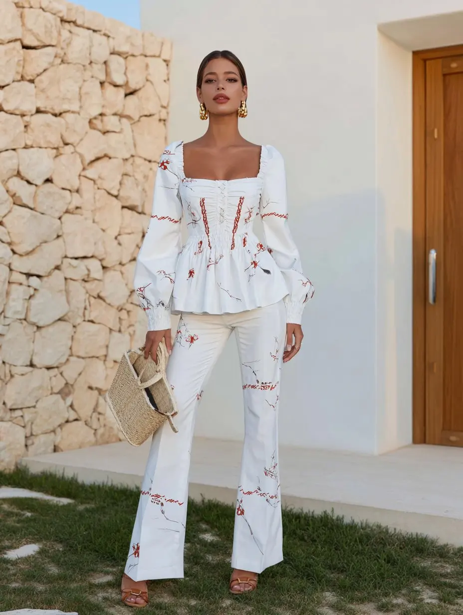 

Mia Muse Select Autumn Sets 2025 Women's Graphic Print Long Sleeve Square Neck Ruffled Bust Blouses Wide Leg Pants Daily Sets