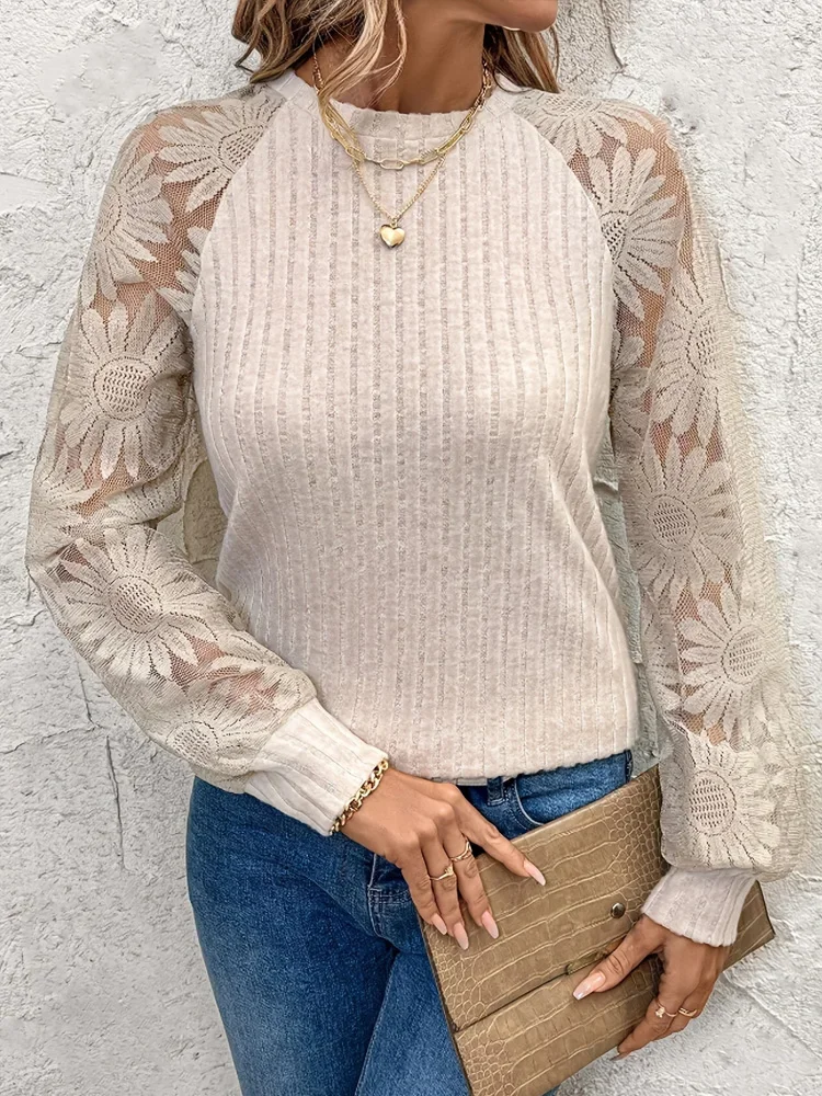 جديد أزياء من الدانتل لصق الجوف خارج كم طويل البلوفرات محبوك سترة المرأة عارضة فضفاض المرأة بلوزة أنيقة سيدة قمم