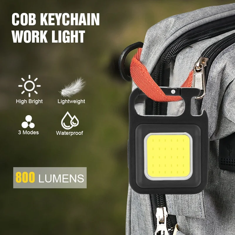 Portátil Mini LED trabalhando luz, lanterna de bolso, USB recarregável, luz chave, lanterna, camping, fora, caminhadas, lanterna COB