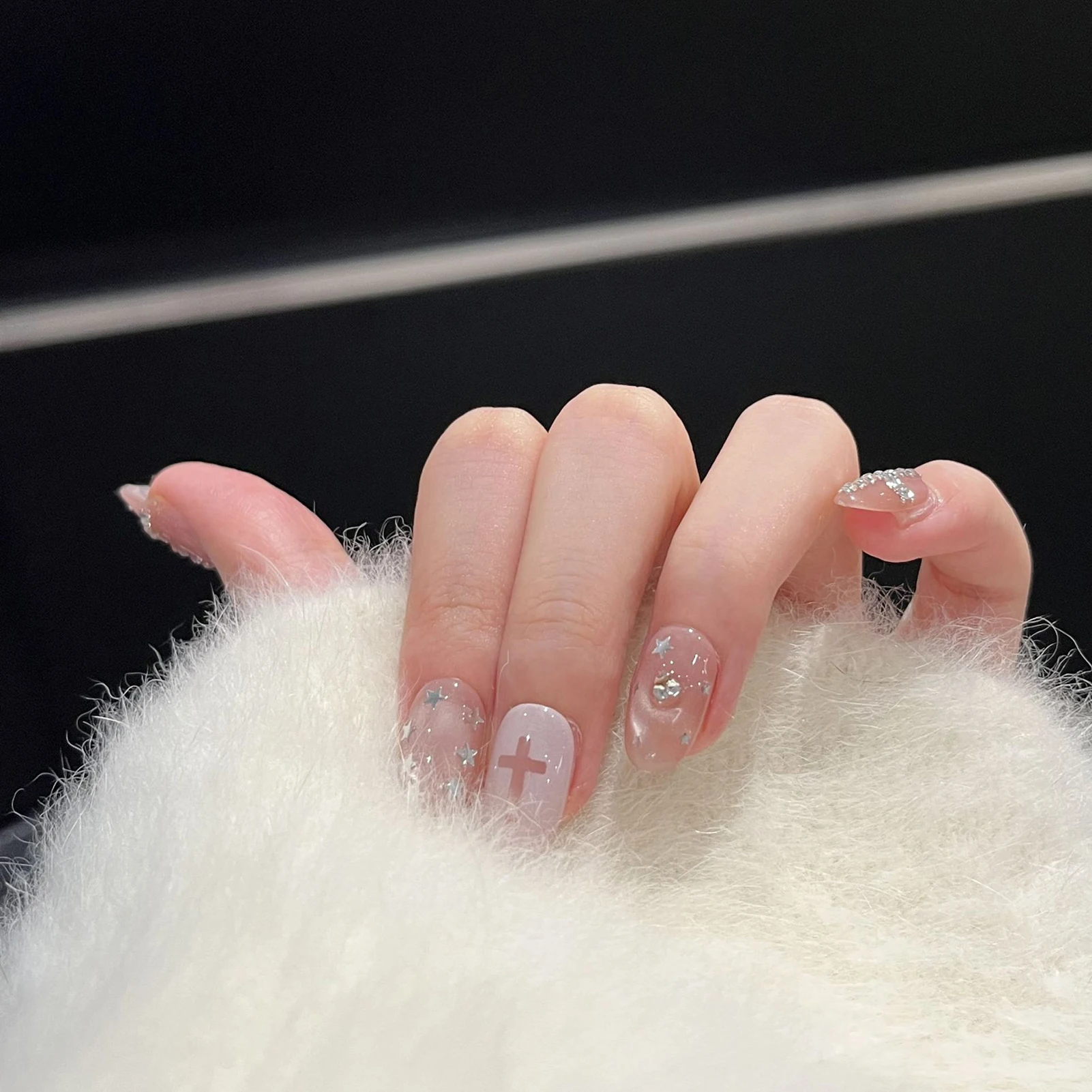Faux ongles ovales courts en verre œil de chat, avec strass croisés, à pression brillante, pour fête, mariage, usage quotidien, 10 pièces