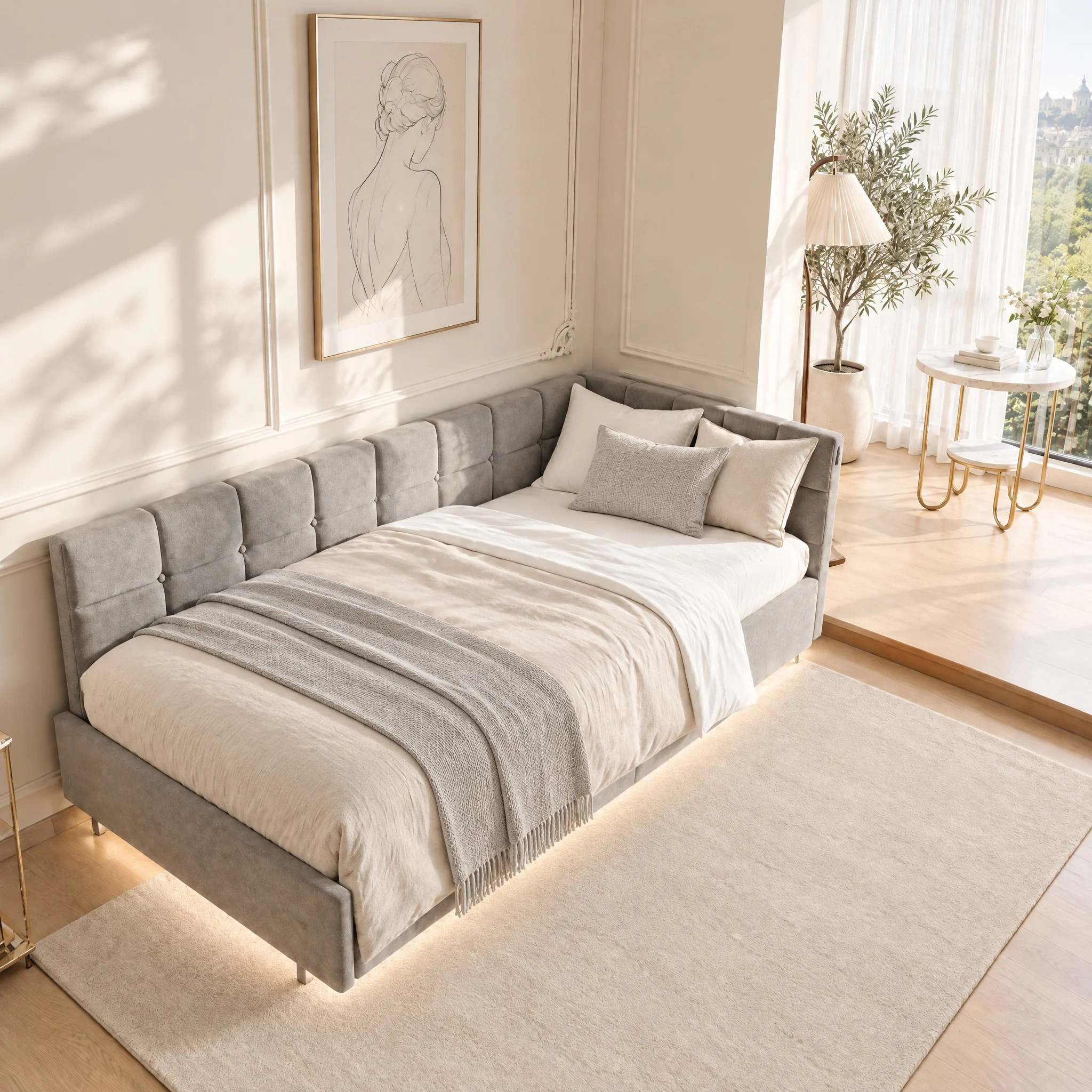 Anajqaqia, struttura letto singolo imbottita 90x200 cm, con sistema di stoccaggio a scomparsa, divano letto imbottito a forma di L, divano letto multifunzionale 2 in 1, colore grigio, materasso non