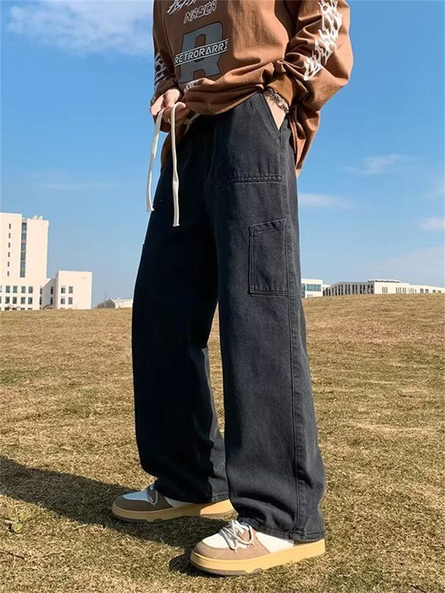 

American Functional Workwear Jeans Men's Spring Autumn Loose Wide Leg Pants Japanese Retro Elastic Waist Straight Leg Pants
